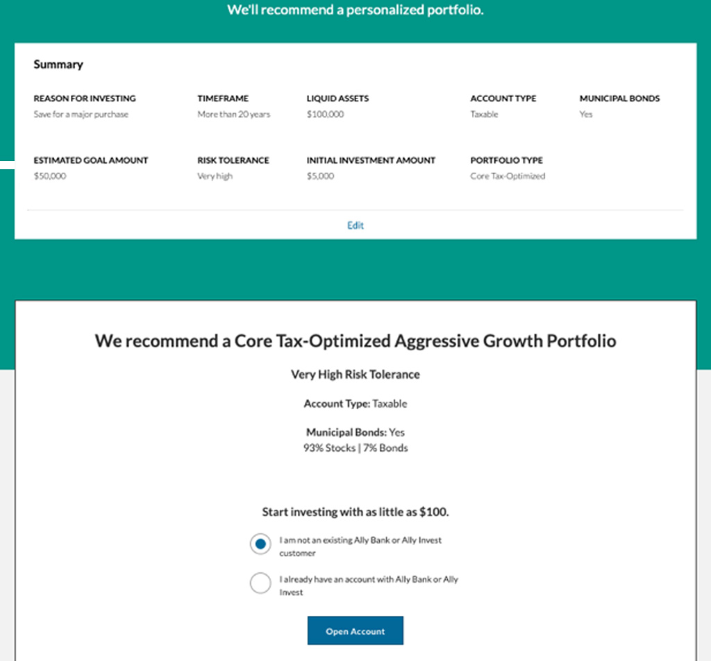 screen shot of ally bank portfolio tool