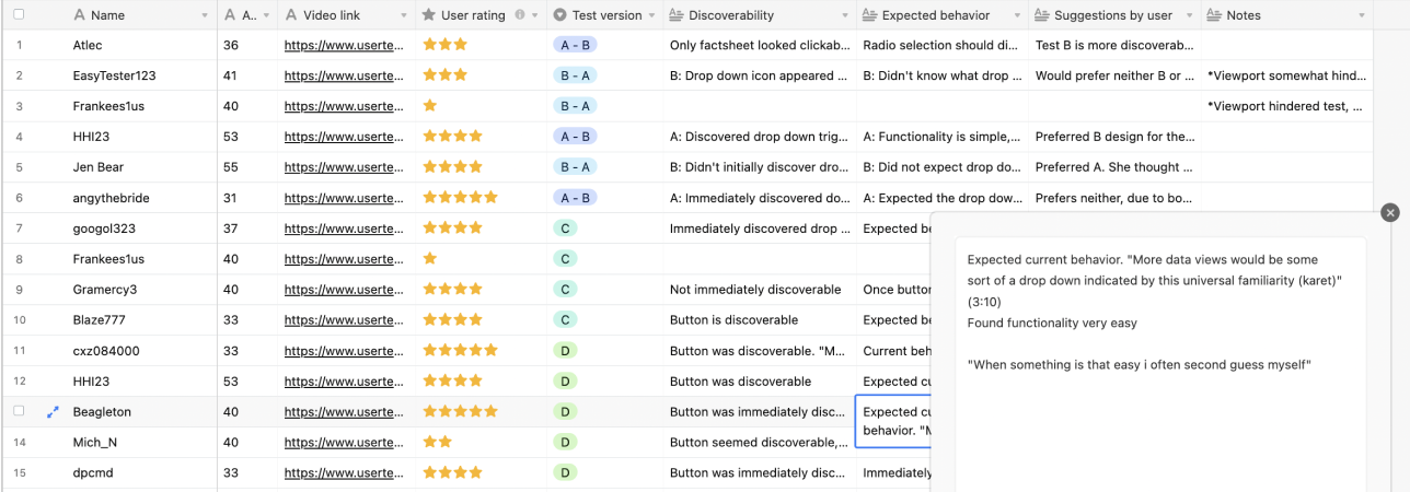 User testing feedback log for data swap